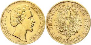 Bayern 10 Mark, 1875, Ludwig II., s-ss, ... 