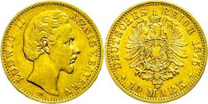 Bayern 10 Mark, 1875, Ludwig II., wz. Rf., ... 