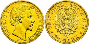 Bavaria 20 Mark, 1876, Ludwig II., s very ... 