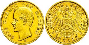 Bayern 20 Mark, 1895, Otto, kl. Rf., ss., ... 