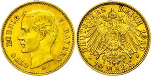 Bayern 10 Mark, 1910, Otto, Randfehler, ss., ... 