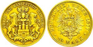 Hamburg 10 Mark, 1877, Rand stellenweise ... 