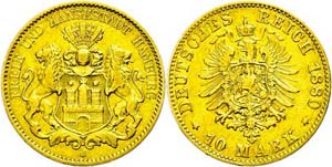 Hamburg 10 Mark, 1880, kl. Rf., s-ss., ... 