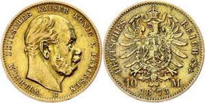 Preußen 10 Mark, 1873 B, Wilhelm I., min. ... 