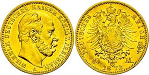 Prussia 20 Mark, 1872 A, Wilhelm I., very ... 