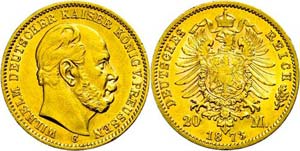 Preußen 20 Mark, 1873 C, Wilhelm I., ss+, ... 