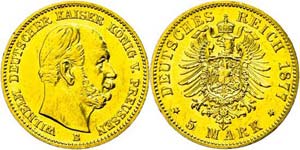 Preußen 5 Mark, 1877, B, Wilhelm I., min. ... 