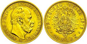 Preußen 20 Mark, 1876, A, Wilhelm I., kl. ... 