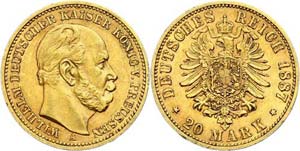 Preußen 20 Mark, 1887, Wilhelm I., kl. ... 