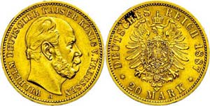 Preußen 20 Mark, 1887, Wilhelm I., ss, ... 