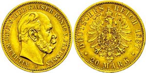 Preußen 20 Mark, 1887, Wilhelm I., wz. Rf., ... 