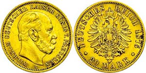 Prussia 20 Mark, 1875, Wilhelm I., coin sign ... 