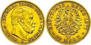 Prussia 20 Mark, 1877, Wilhelm I., coin sign ... 