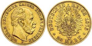 Prussia 20 Mark, 1878, Wilhelm I., coin sign ... 