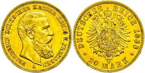 Preußen 20 Mark, 1888, Friedrich III., kl. ... 