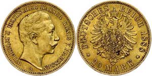 Prussia 20 Mark, 1888, Wilhelm II., very ... 