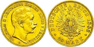 Preußen 20 Mark, 1889, Wilhelm II., kl. ... 