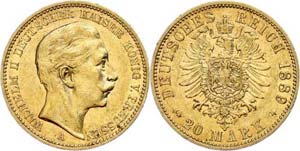 Preußen 20 Mark, 1889, Wilhelm II., ss-vz., ... 