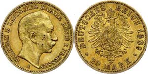 Preußen 20 Mark, 1889, Wilhelm II., ss., ... 