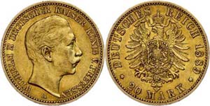 Preußen 20 Mark, 1889, Wilhelm II., ss., ... 