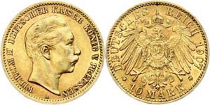 Prussia 10 Mark, 1907, Wilhelm II., extremly ... 