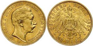 Prussia 20 Mark, 1890, Wilhelm II., very ... 