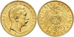 Preußen 20 Mark, 1891, Wilhelm II., ss-vz., ... 