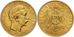 Preußen 20 Mark, 1893, Wilhelm II., kleine ... 