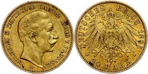Preußen 20 Mark, 1895, Wilhelm II., ss-vz., ... 