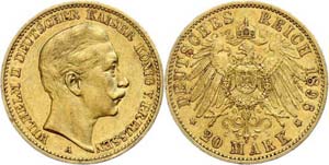 Prussia 20 Mark, 1896, Wilhelm II., very ... 