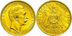Prussia 20 Mark, 1907, Wilhelm II., very ... 