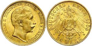 Preußen 20 Mark, 1908, Wilhelm II., kleine ... 