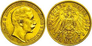 Preußen 20 Mark, 1910, A, Wilhelm II., kl. ... 