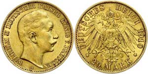 Preußen 20 Mark, 1910, Wilhelm II., Mzz A, ... 