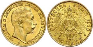 Prussia 20 Mark, 1910, Wilhelm II., Mzz A, ... 