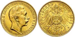 Preußen 20 Mark, 1911, Wilhelm II., kleine ... 