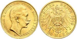 Preußen 20 Mark, 1913, Wilhelm II., vz, ... 