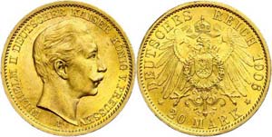 Prussia 20 Mark, 1906 A, Wilhelm II., very ... 