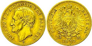Sachsen 10 Mark, 1873, Johann, kl. Rf., ss., ... 