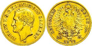 Saxony 20 Mark, 1873, Johann, edge nick, s ... 