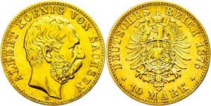 Saxony 10 Mark, 1875, Albert, very fine, ... 