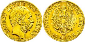 Saxony 10 Mark, 1881, Albert, very fine., ... 
