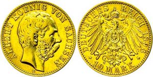 Saxony 10 Mark, 1893, Albert, polished, very ... 