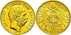 Saxony 20 Mark, 1875, Albert, very fine to ... 