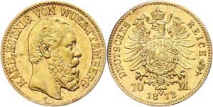 Württemberg 10 Mark, 1872, Karl, kl. Rf., ... 