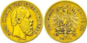 Württemberg 10 Mark, 1873, Karl, small edge ... 