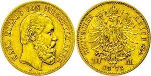 Württemberg 10 Mark, 1873, Karl, small edge ... 