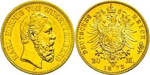 Württemberg 20 Mark, 1873, Karl, Kratzer im ... 