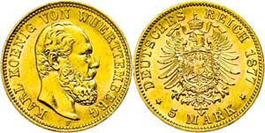 Württemberg 5 Mark, 1877, Karl, vz-st, ... 