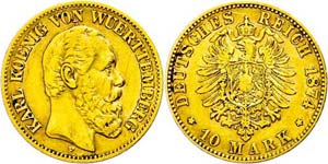 Württemberg 10 Mark, 1874, Karl, s very ... 